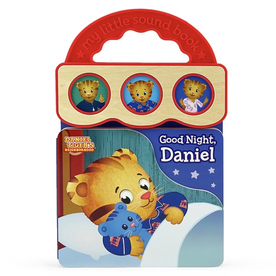 Livre pour enfants Daniel Tigre serrant son ours en peluche bleu au lit. Avec des boutons sonores.