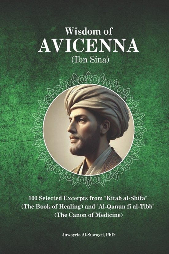 Livre intitulé 'Wisdom of Avicenna (Ibn Sina)' représentant Avicenne portant un turban, sur fond vert orné d'un motif circulaire.