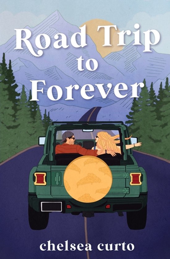 Une jeep verte roule sur une route à travers un paysage de montagne, avec un couple sur la banquette arrière. Titre : Road Trip to Forever.