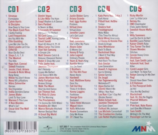 Tracklist MNM 1000 2016, 5 CD's met o.a. Stromae, Calvin Harris, Ellie Goulding, Justin Bieber.