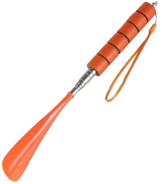 Foto: Uitschuifbare schoenlepel i schoentrekker i rvs i lengte 30 tot max 71 cm i oranje