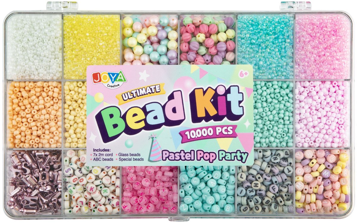 Luxe Armbandjes maken Meisjes Kralenset 10.000pcs - Pastel Pop Party - ABC Beads, Glass Beads en Elastiek - Opbergdoos 27x16x4cm - Joya Creative — afbeelding 4