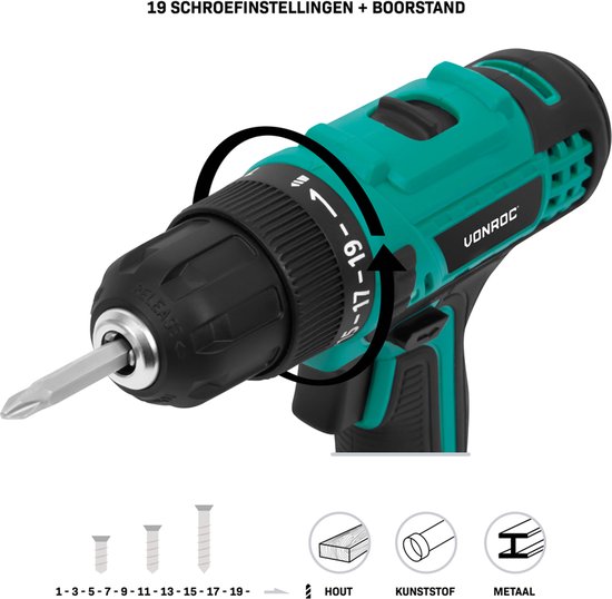 VONROC Perceuse-visseuse sans fil 20V - 19 positions de vis + position de perçage - Incl. 2 embouts - Incl. Batterie 2,0 Ah et chargeur rapide
