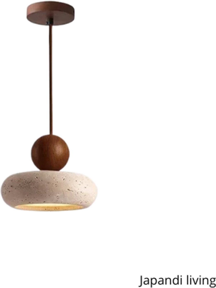 Japandi Living - Hanglamp - Minimalistisch - Wabi Sabi - Marmer - Travertin - Woonkamer, toilet, slaapkamer - Lamp - Walnoot hout