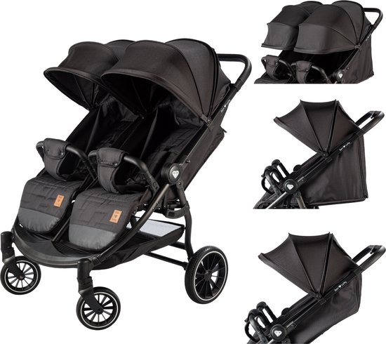 Born Lucky Ranger Duo Buggy Kinderwagen Tweeling Buggy Inklapbaar Lichtgewicht Dubbele Buggy Met Verstelbare Rugleuning en Zwenkwielen – Zwart