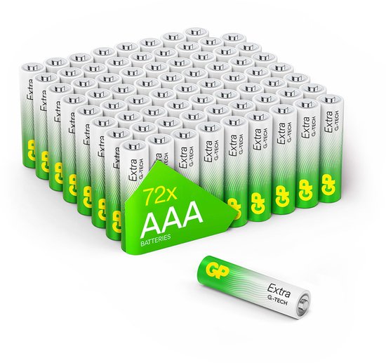 GP Extra AAA batterijen, 72 stuks, met G-TECH technologie, in wit en groen.