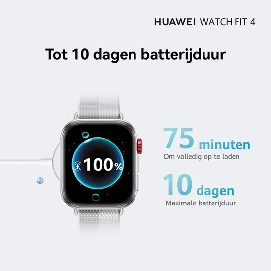 Smartwatch met zilverkleurige kast en wit sportband, scherm toont 100% batterij.