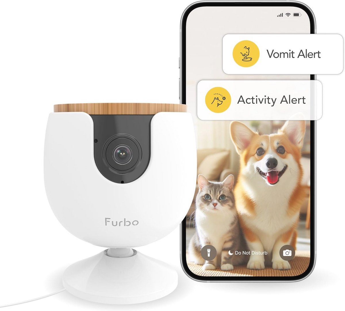Mini Dierencamera met Beveiligingspakket - Huisdier Monitor met App, Kleur Nachtzicht, 2-Weg Audio, Waarschuwingen voor Blaffen of Miauwen