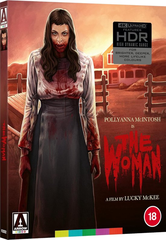 De cover van de film The Woman: Pollyanna McIntosh, bloederig en met een koevoet. 4K Ultra HD HDR.