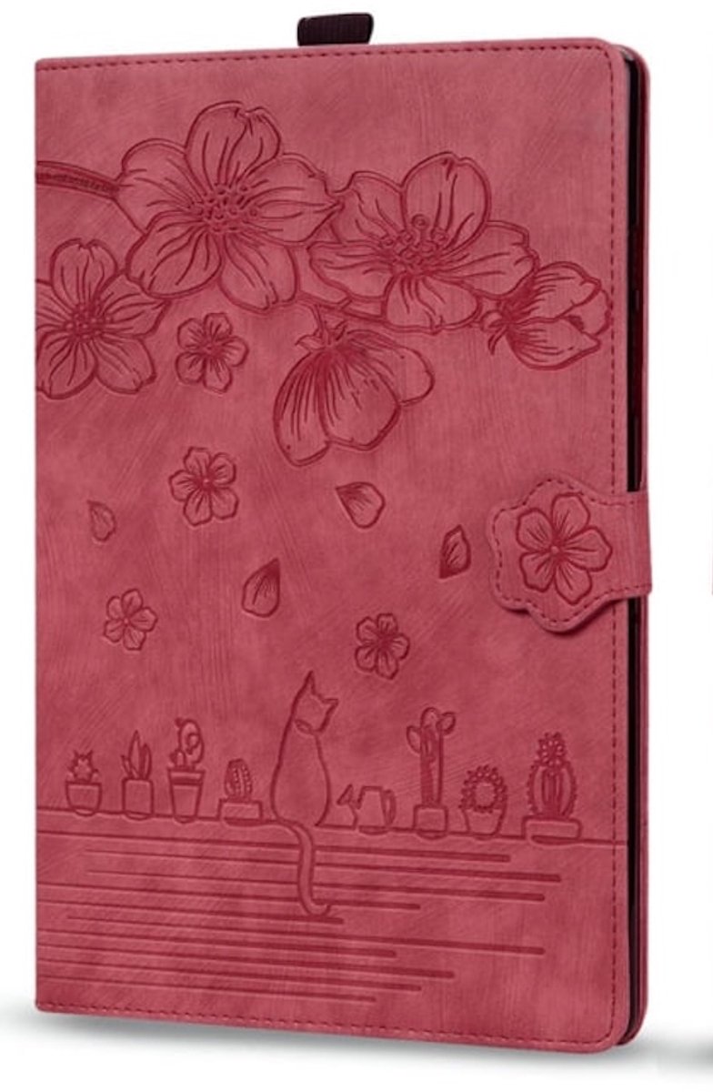Luxe Bescherm-Etui Hoes Map geschikt voor Apple iPad 10 - 11 - A16 - 10.9 - Bloemen en Kat - Rood