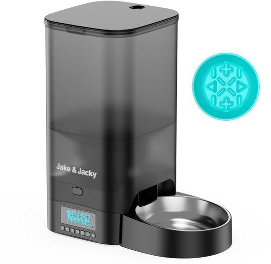 Jake and Jacky Automatische voerbak Kat en Hond - 5 Liter - Incl. RVS Voerbak & Slowfeeder - Voerautomaat & Anti-Schrokbak - Voerdispenser - Eetbak voor Katten & Honden - Zwart