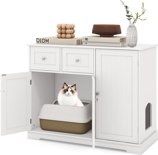 COSTWAY Kattenkast Met 2 Laden En Deuren - Wit Kattenmeubel 80x45x80 Cm - Verborgen Kattenbak