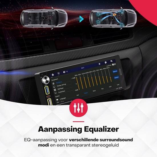 Geluidsweergave met aanpasbare equalizer op een 6,9 inch autoradio, met instellingen voor surround sound.