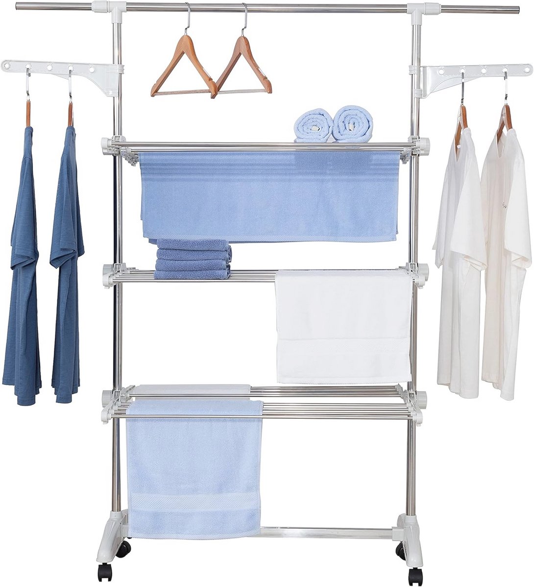 Goedkoopste Mobiel Inklapbaar Toren-Droogrek met Telescoopstang en Zijvleugels voor Binnen en Buiten - 23 Meter Waslijn, Hoogte Verstelbaar