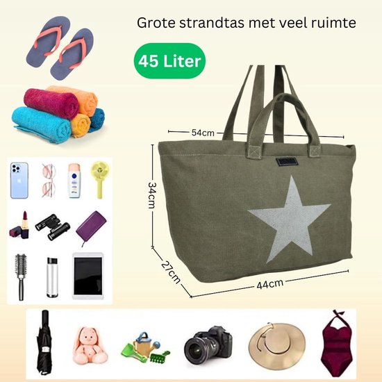 Groene strandtas met afmetingen 54x34x27cm, 45 liter inhoud. Toont illustraties van strandbenodigdheden.