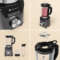 Collage: close-up van blender bedieningspaneel, blender met rode smoothie, blender set, en deksel van de blenderkan.