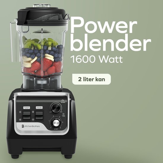 KitchenBrothers Power Blender - 1600W - 2L - Smoothie Maker - IJscrusher - Metallic Zwart van KitchenBrothers — afbeelding 3