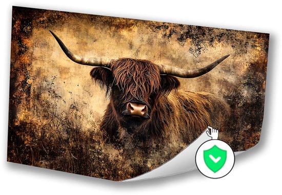 Affiche d'un Highland coiffé de longues cornes recourbées, de longs poils bruns et d'un fond vieilli aux tons d'automne.