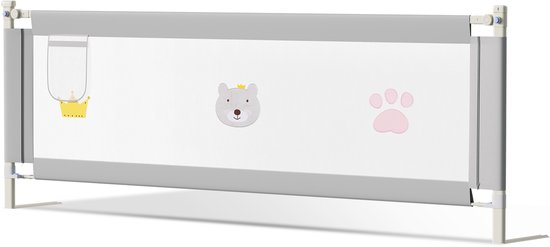 Barrière de lit - 200 CM - Réglable Barrière de lit - Universelle - Grijs avec filet de sécurité - Bordure de lit - Barrière de lit - Support de lit pour tout-petits Protection antichute Protection antichute pour lit Kinder Sécurité