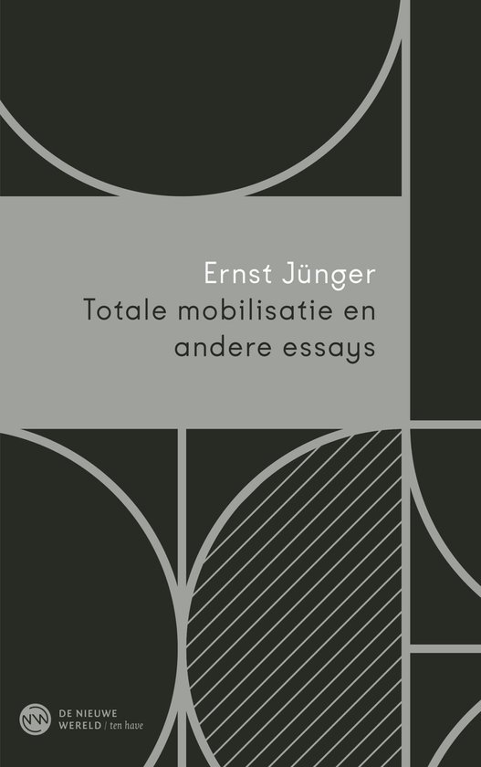 Boekomslag "Totale mobilisatie en andere essays" door Ernst Jünger, met grafische lijnen en cirkels.