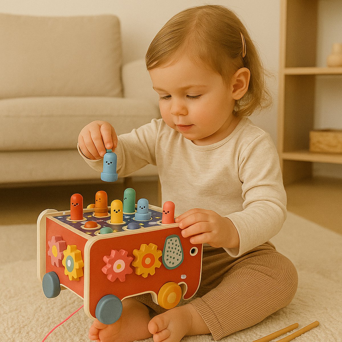 Houten Olifant Karretje – Educatief Muziek- en Motoriek Speelgoed (18 maanden+) – Whack-a-mole, Xylofoon & Trekkoord — afbeelding 4