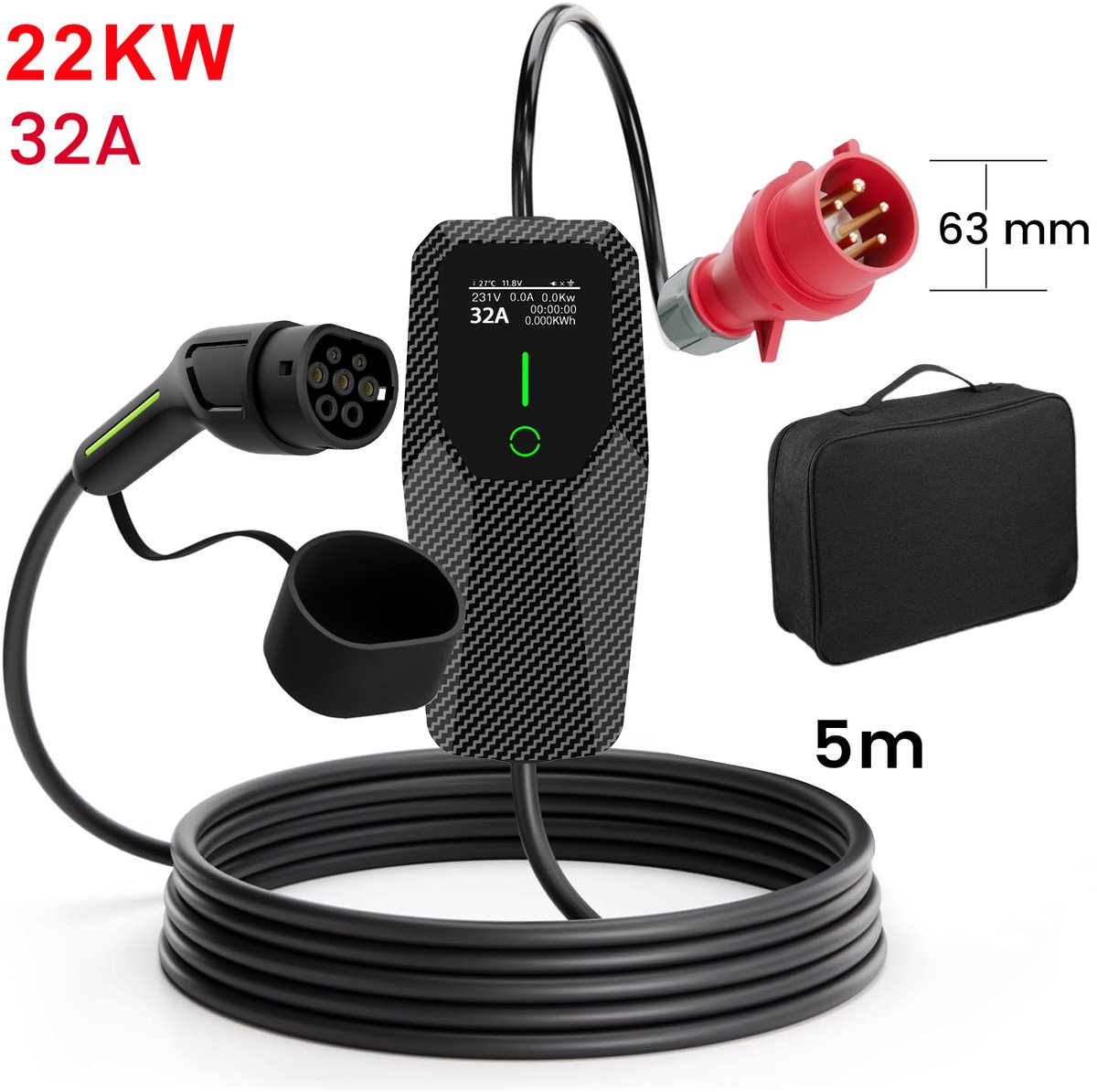 Krachtige 22kW Draagbare 3-Fase EV Laadkabel - Snelladen onderweg