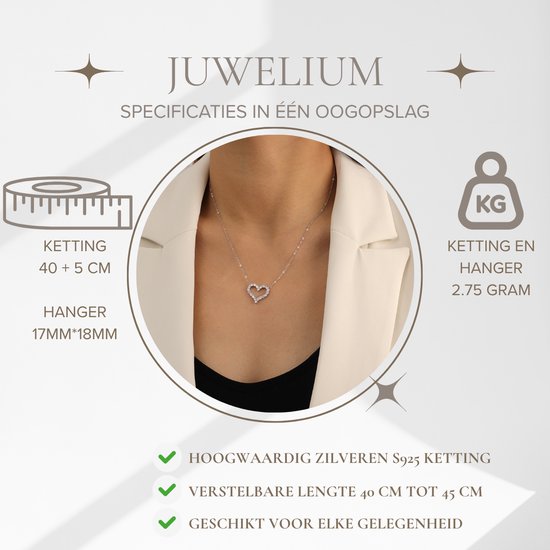 Collier Juwelium Love Heart en Argent S925, réglable de 40 à 45 cm, avec cristaux de zircone, dans un coffret à bijoux de Luxe – Cadeau Perfect pour femme, petite amie, mère ou fille.