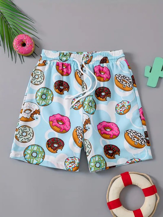 Lichtblauwe zwembroek met een all-over print van donuts met verschillende glazuurkleuren.