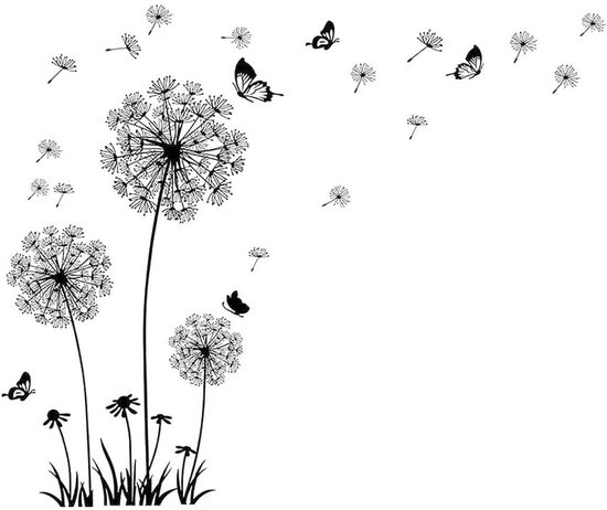 Stickers muraux pissenlit noirs avec papillons sur fond blanc.