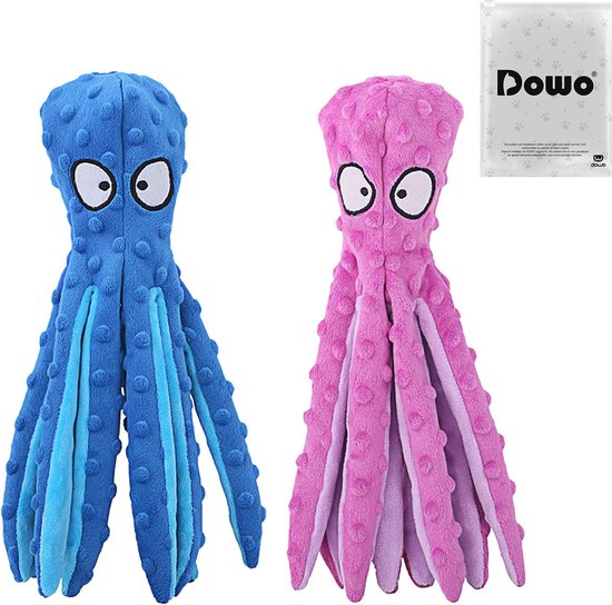 Blauwe en roze octopusknuffels voor honden, met ogen en acht tentakels.