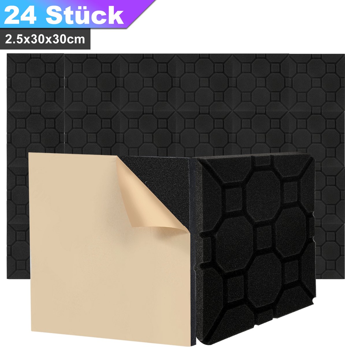24 stuks Akoestische schuimpanelen 30x30x2,5 cm Wandpaneel, Zelfklevend, voor wanddecoratie Zwart Vierkant