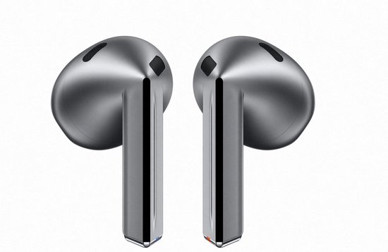 Grijze Samsung Galaxy Buds3 oordopjes, met 'L' en 'R' markeringen.