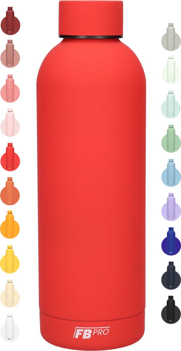 Drinkfles - Dubbelwandige waterfles - Thermosfles - RVS thermos fles - Geschikt voor warme en koude dranken - Extra grip door rubbercoating - 500 ML - Rood