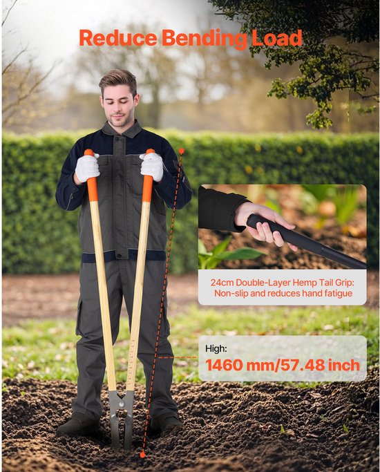 Grondspade, robuuste handmatige grondspade met metalen blad en schaalverdeling, gereedschap met houten handvat voor tuinieren en tuinieren, 57,5 inch — afbeelding 3