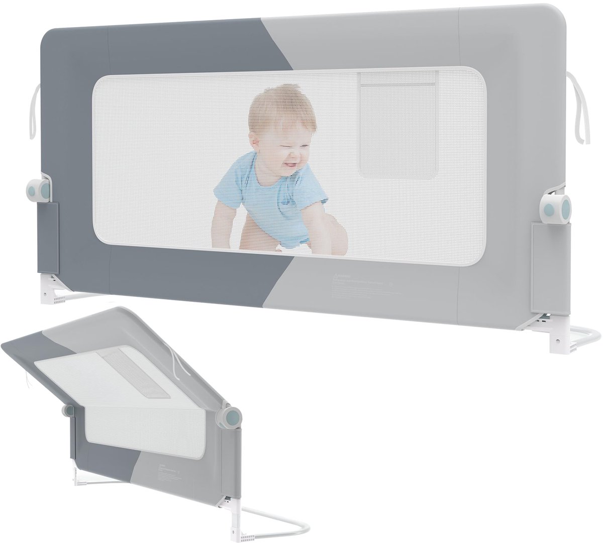 NAIZY Uitvalbeveiliging bedrail 150 cm, bedhekje voor baby met opbergzakken, in hoogte verstelbaar, inklapbaar kinderbedhekje voor kinderbedden, ouderbedden (gesplitst grijs)