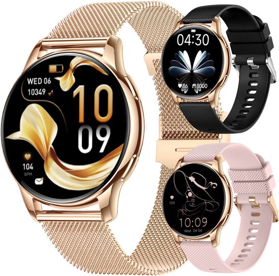 WAABOO smartwatch dames - Horloge Voor Vrouwen - RVS en 2x siliconen Bandje - Stappenteller Hartslagmeter Slaapmonitor - Bluetooth - Goud Roze en Zwart - Multisport - Geschikt voor IOS en Android