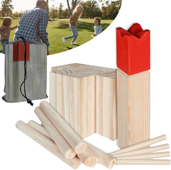 Vikingspel, Viking-werpspel, kubb, van grenenhout, schaakspel, Zweden, schaak, tuinspeelgoed, gezelschapsspel, binnen en buiten, voor volwassenen en kinderen, houten speelgoed met tas