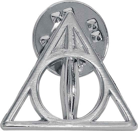 Zilverkleurige Deathly Hallows pin met een gesp. Driehoek met een cirkel en verticale lijn.