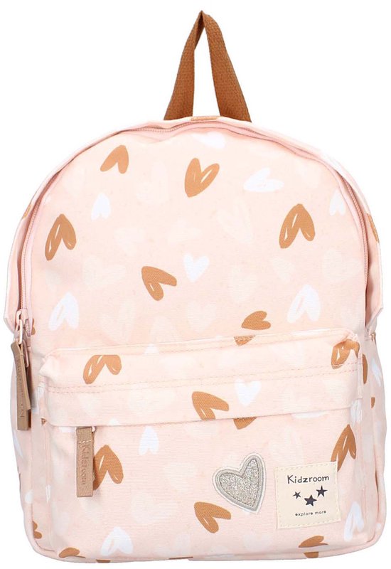 Roze kinder rugzak met een all-over print van koperen, witte en roze hartjes. Met een ritsvak voorop.