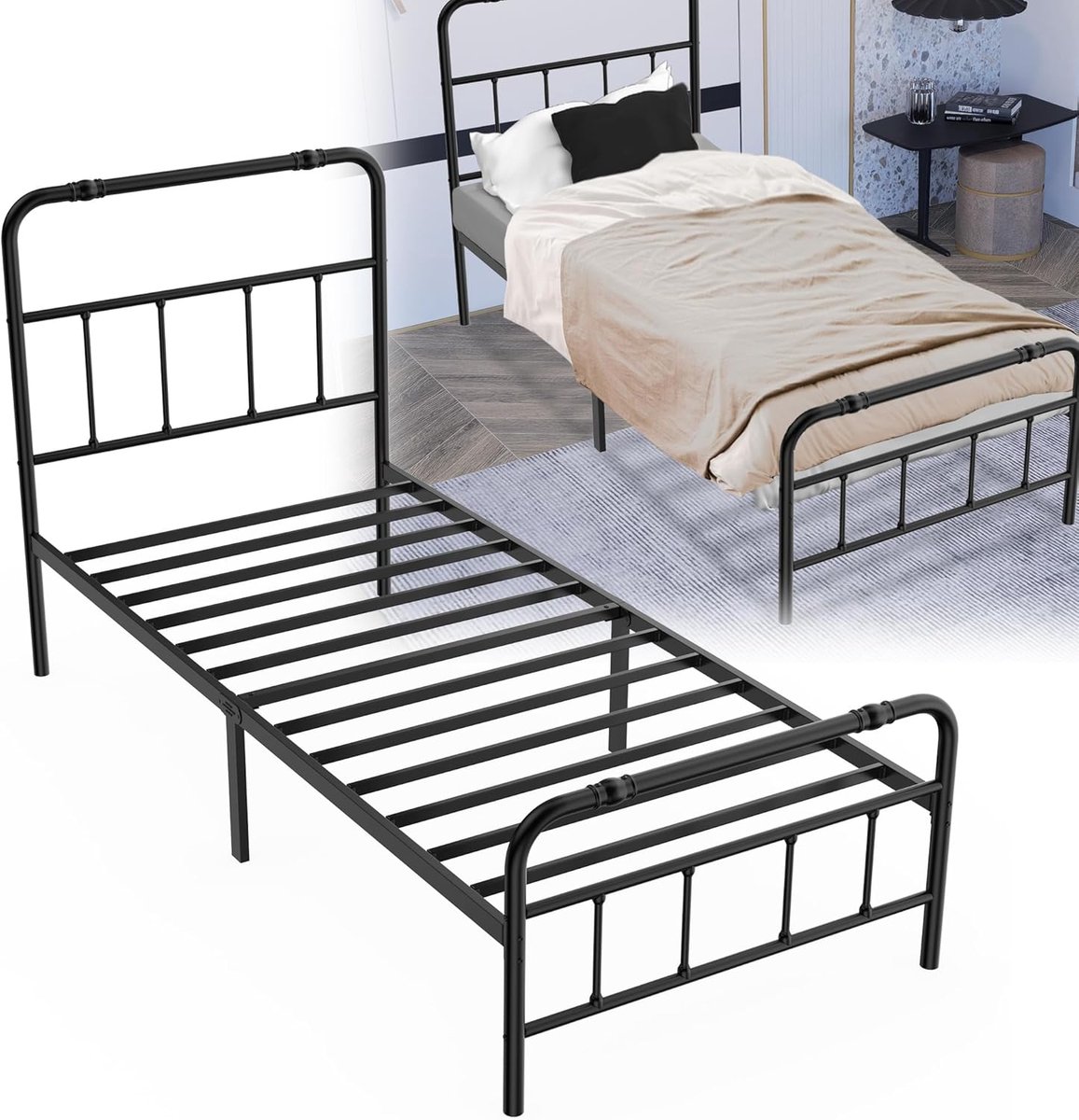 Aufun bedframe 90x200 cm metalen bed bedframe van metaal logeerbed metalen bed jeugdbed voor slaapkamer logeerkamer met hoofdeinde tweepersoonsbed/eenpersoonsbed, zwart