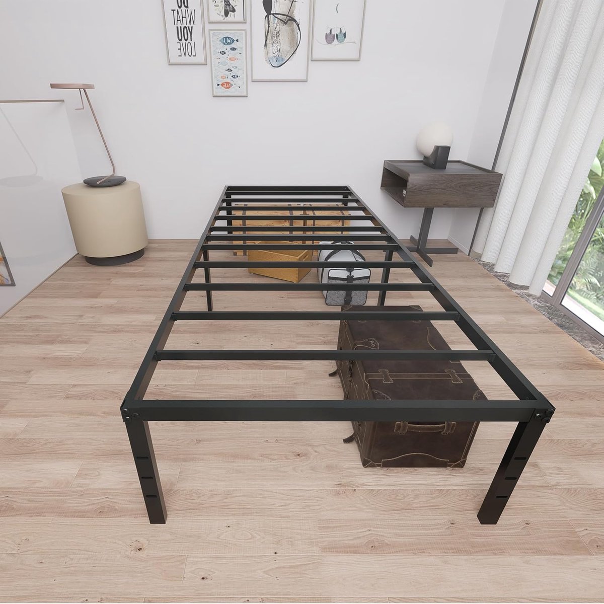 Aufun gestoffeerd bed 90 x 200 cm bedframe eenpersoonsbed van metaal, designbed modern jeugdbed met lattenbodem houten lattenbodem, bedframe, metalen bed, eenvoudige montage, zwart, logeerbed