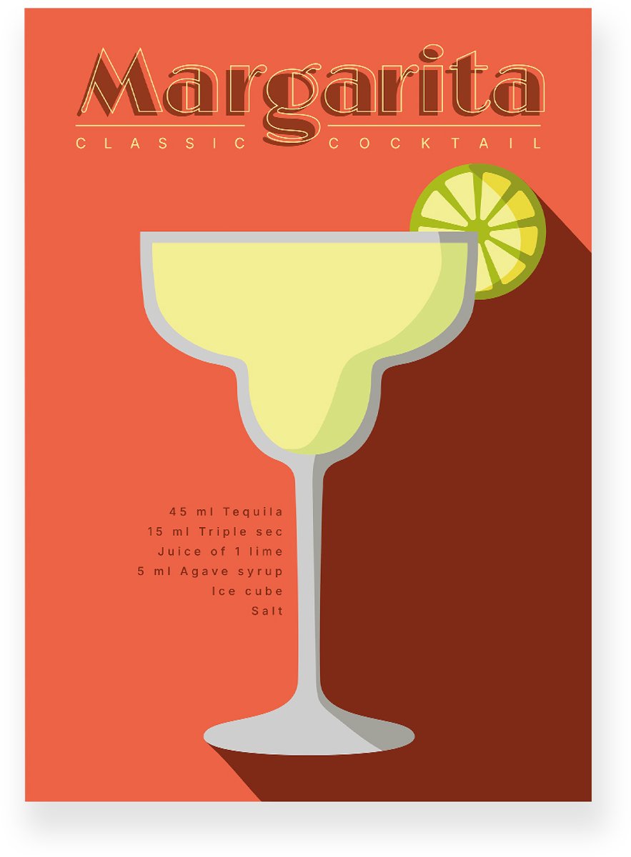 Yisual Aluminium plaat 30x40 cm - Poster - Margarita - Cocktail Recept - Geel - Oranje - Retro - Art deco - Muurdecoratie - Wanddecoratie