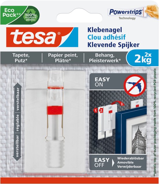 tesa verstelbare nagel voor behang & pleisterwerk 2 kg - 2 stuks - muurspijker - verwijderbaar