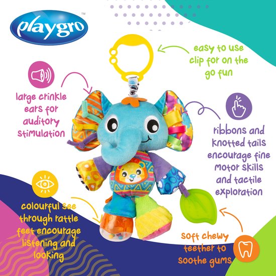 Playgro - Activity Friend Elly Elephant - Baby speelgoed - Hangspeeltje - Kinderwagenspeeltje - Rammelaar - Kinderwagenaccessoire - Buggyaccessoire- Educatief Speelgoed - Knuffeldier van Playgro — afbeelding 5