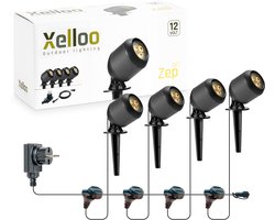 Xelloo Xelloo® LED Tuinverlichting set Zep van 4 Stuks - 8 meter - Warm Wit Licht - 12V Grondspots voor buiten met Stekker - IP44 Waterbestendig - Buitenverlichting