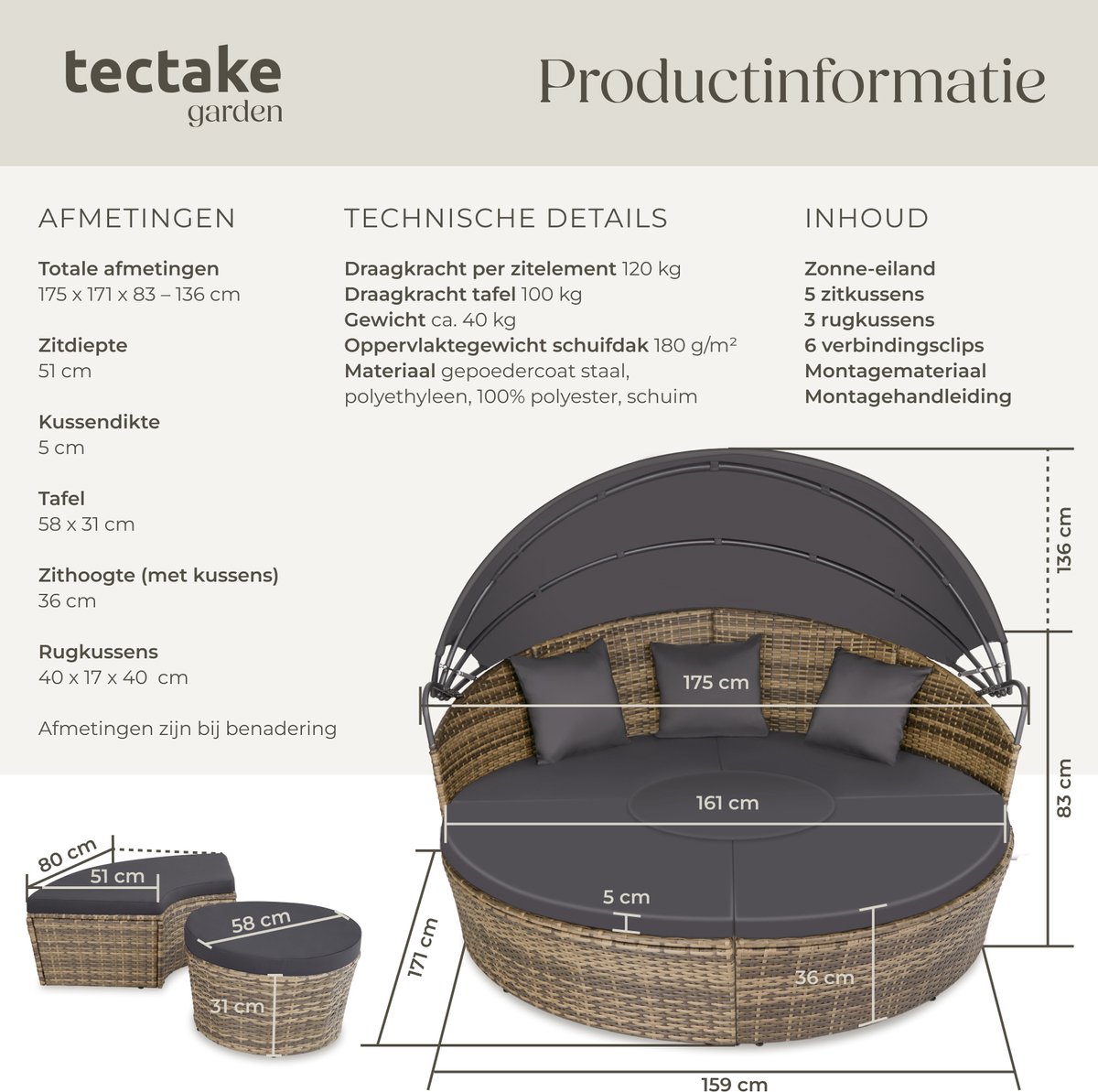 tectake® Wicker Zonne-eiland Santorini - Loungebed voor 2 Personen - Multifunctioneel Rond Ligbed met Zonnescherm - Vrij in te delen Tuin Ligstoel met Luifel - UV- en Weerbestendige Tuinset - Loungeset Inclusief Kussens - Bruin/Zwart thumbnail 6