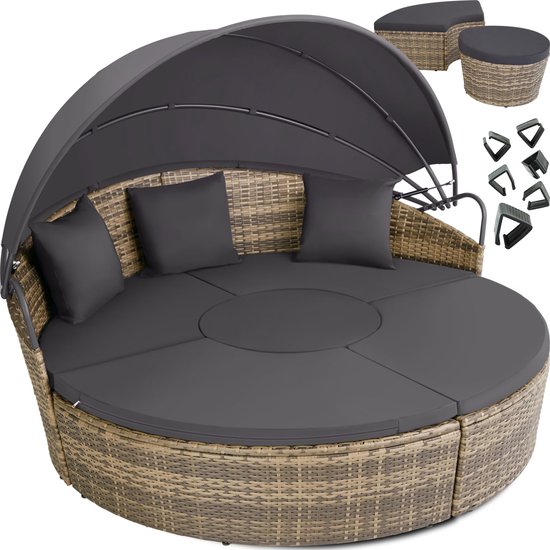 tectake® Zonne eiland Santorini - Loungebed voor 2 Personen - Multifunctioneel Ligbed met Zonnescherm - Vrij in te delen Tuin Ligstoel - UV- en Weerbestendig - Inclusief Kussens - Naturel