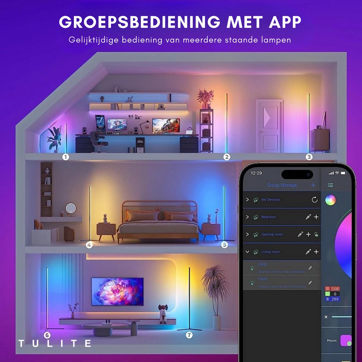 Moderne LED Vloerlamp RGB - App en afstandsbediening - Sfeerverlichting - Hoeklamp - Staanlamp - Led Verlichting Strip - Dimbaar - Voor Woonkamer - Zwart thumbnail 3