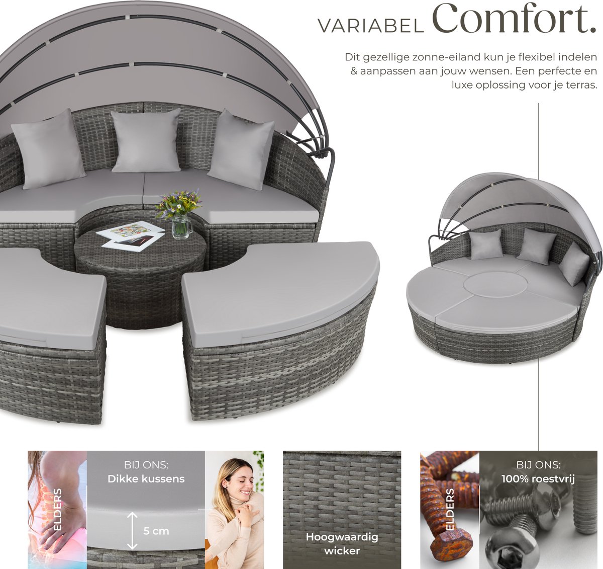 tectake® Wicker Zonne-eiland Santorini - Loungebed voor 2 Personen - Multifunctioneel Rond Ligbed met Zonnescherm - Vrij in te delen Tuin Ligstoel met Luifel - UV- en Weerbestendige Tuinset - Loungeset Inclusief Kussens - Grijs thumbnail 6