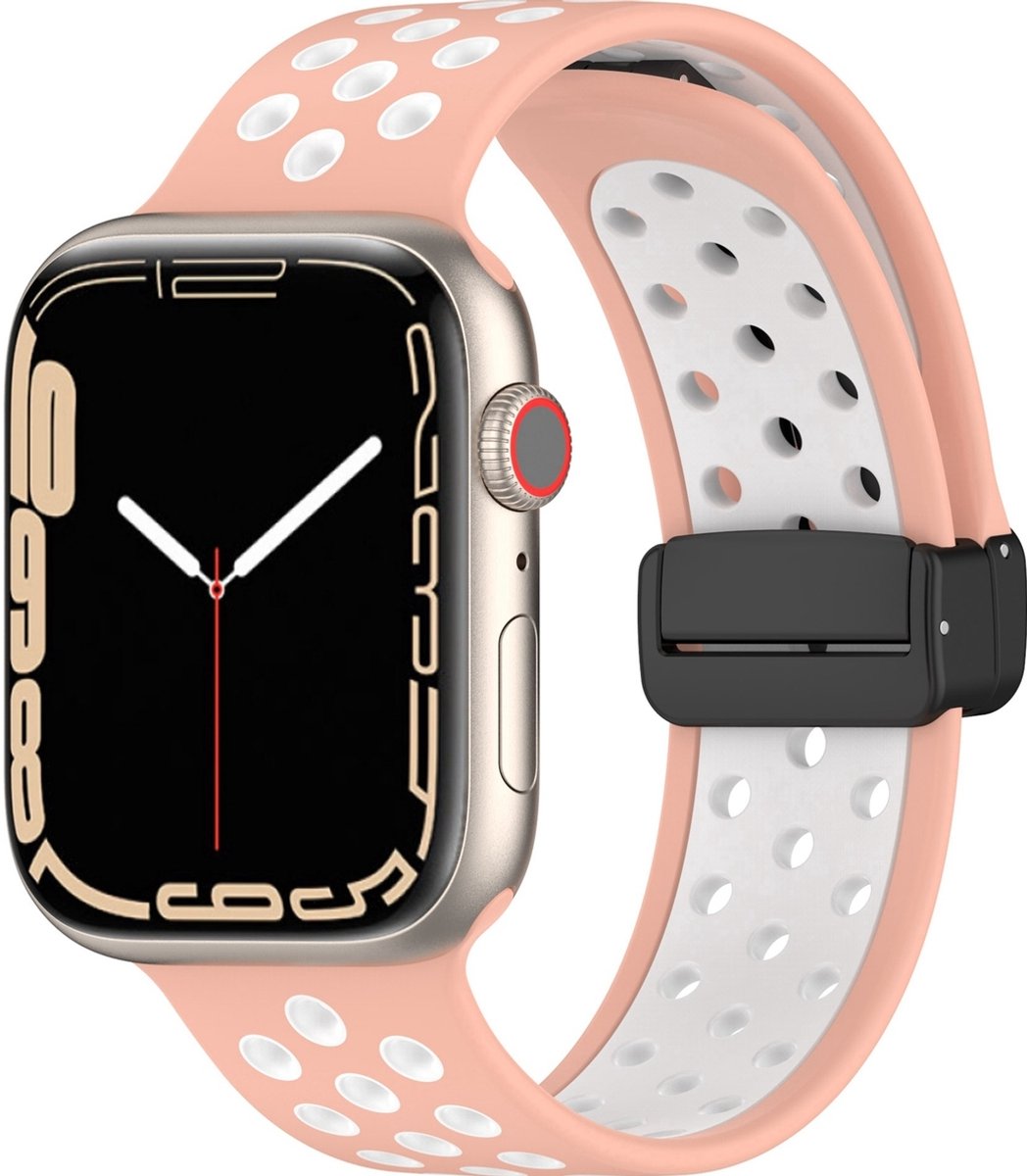 Mobigear Siliconen Watch bandje geschikt voor Apple Watch Bandje Magneetsluiting | Mobigear Sport Plus Mag - 49/46/45/44 mm - Wit / Roze